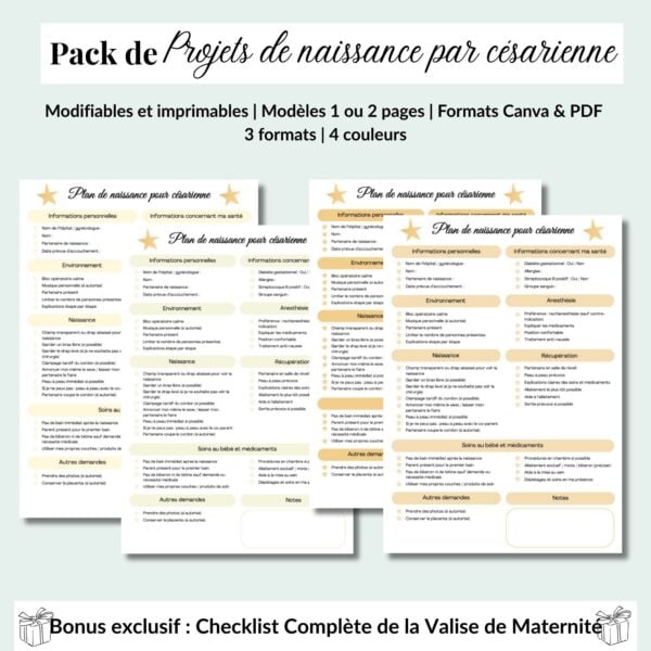 Il s'agit d'un ensemble de plan de naissance modifiables prévu pour les césariennes programmées. Il y a 4 couleurs dans les tons beiges et des étoiles. En cadeau vous recevrez une liste pour le partenaire pour qu'il soit pret le jour-j. Il s'agit de la version en français.