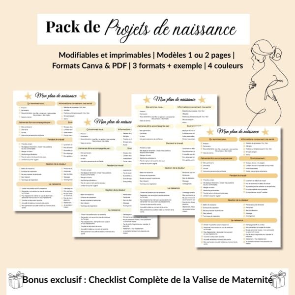 Il s'agit d'un ensemble de plans de naissance. C'est la version française. Il y a le choix entre 4 couleurs neutres dans les tons beiges. En cadeau, il y a une une liste pour la valise de maternité. Choix entre 1 pages et 2 pages. Téléchargement immédiat.