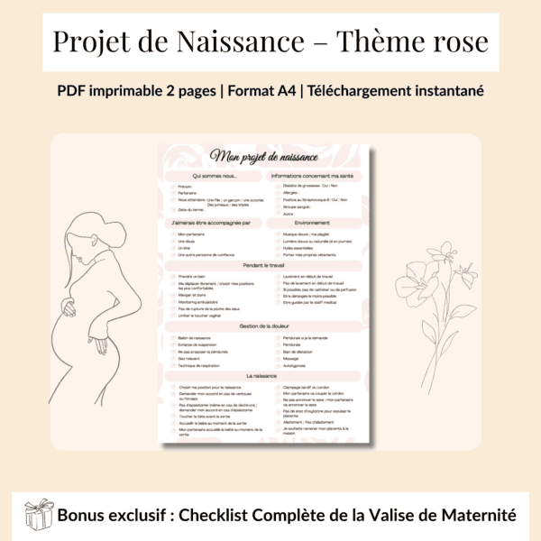 Projet de Naissance – Thème rose (fond avec des roses de couleur rose très clair) PDF imprimable 2 pages | Format A4 | Téléchargement instantané. Inclus la valise de maternité. Version en français.