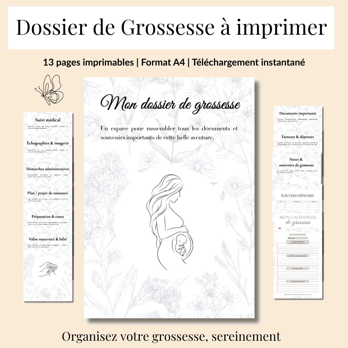Dossier de Grossesse à imprimer 13 pages imprimables | Format A4 | Téléchargement instantané Version française Organisez votre grossesse, sereinement