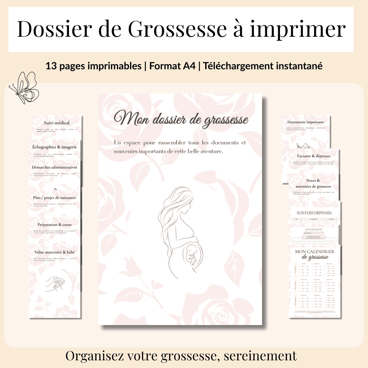 Dossier de Grossesse à imprimer 13 pages imprimables | Format A4 | Téléchargement instantané Version française et avec un fond de roses de couleur rose clair. Organisez votre grossesse, sereinement